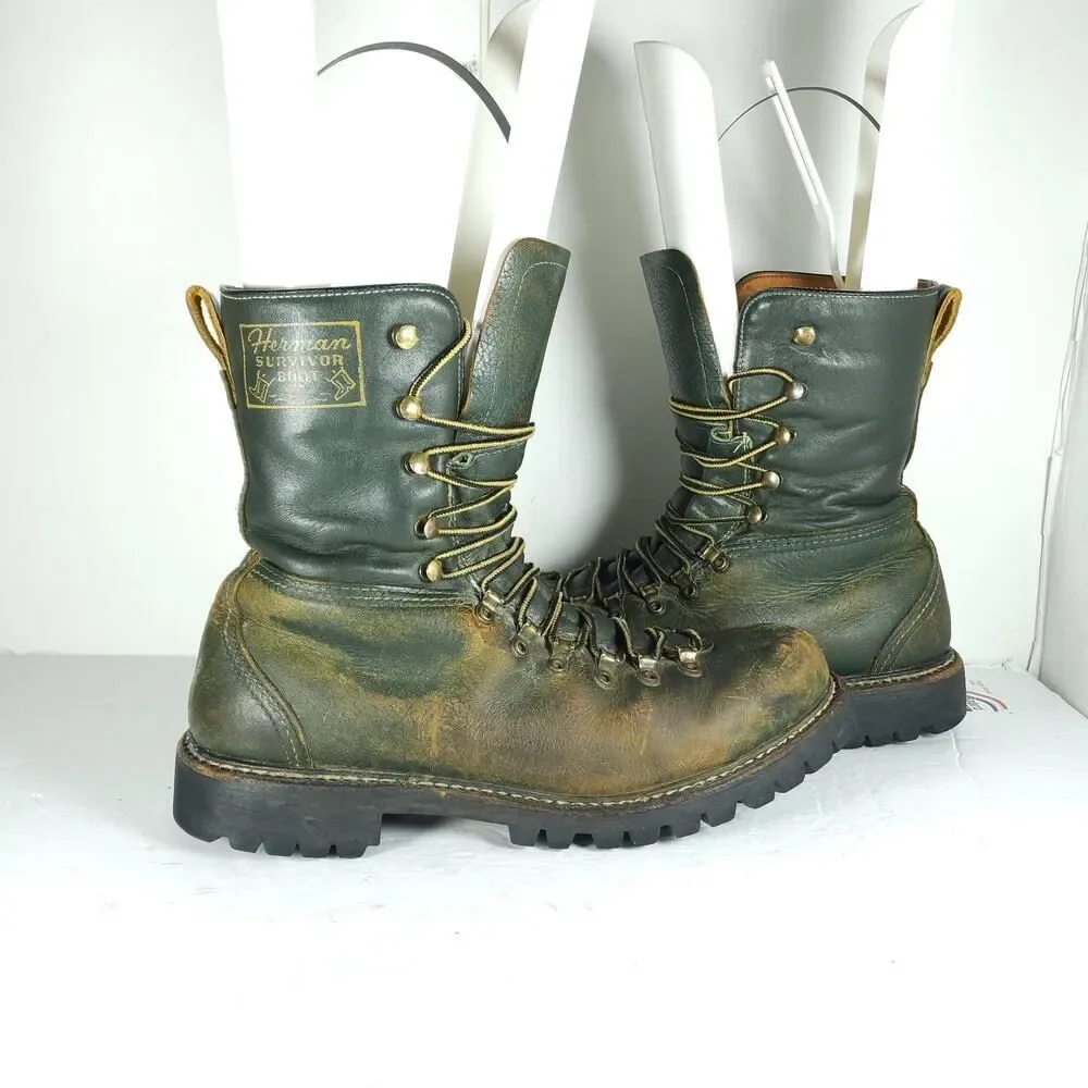Herman Survivors Men's Vtg 60's US9/ 4N Green Leather Insulated Logger Boots